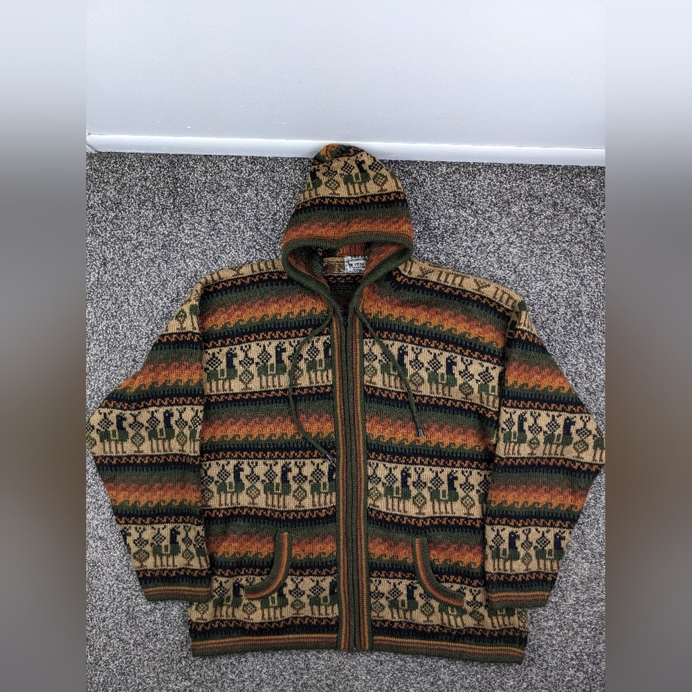 Alpaca Connection Sweater Wool Aztec Southwestern Tribal Hooded Full Zip Sz XL